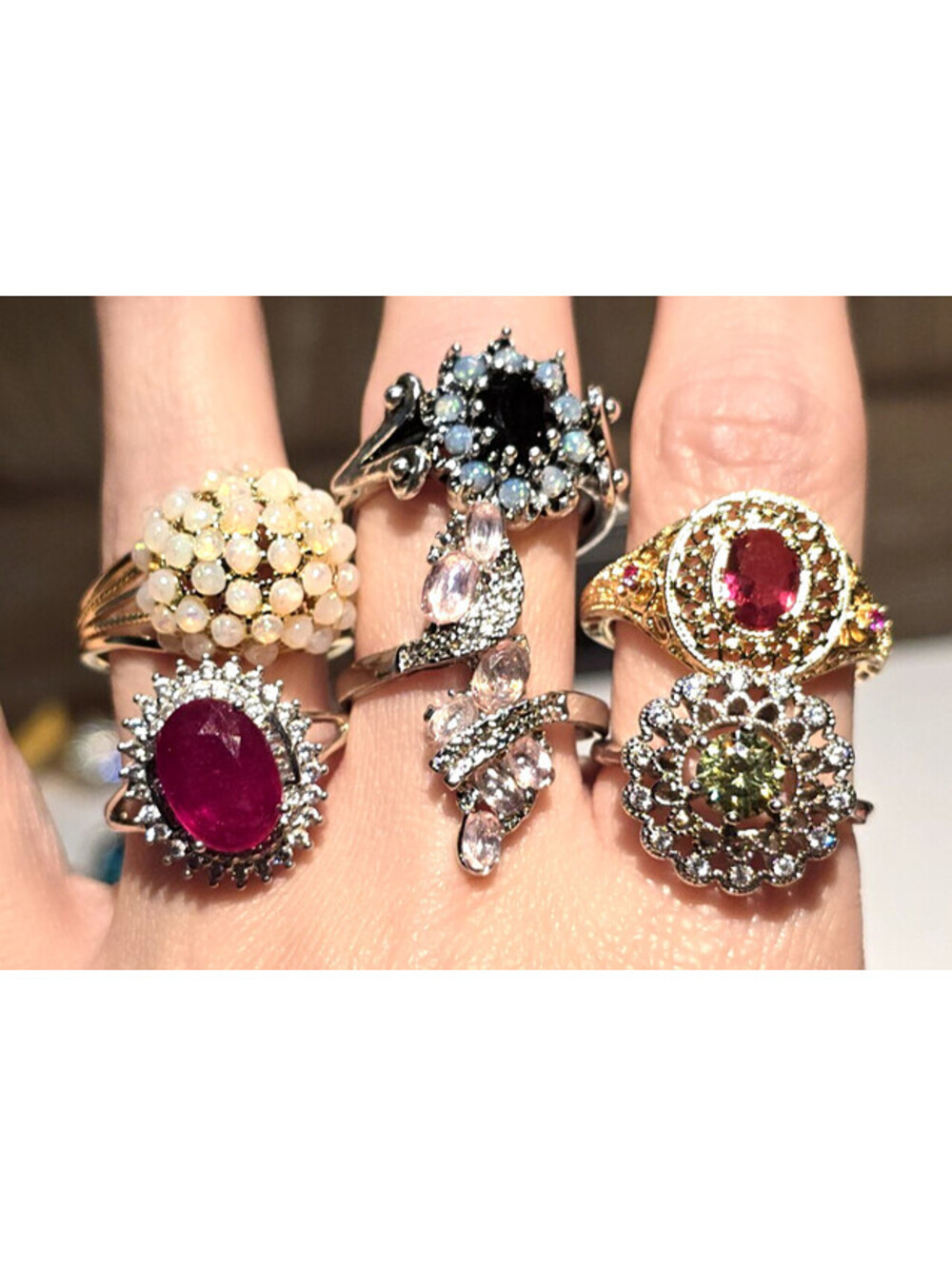 6 piece Cocktail Ring Lot size 10 10.5 Ruby Opal Excellent Condition